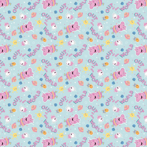 Peppa Pig Friends in Space Light Blue Cotton Fabric