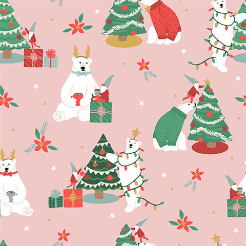 Polar Bear Lodge Christmas Tree Pink Cotton Fabric
