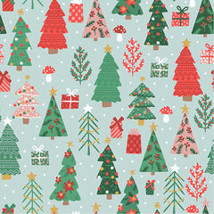 Polar Bear Lodge Christmas Tree Light Blue Cotton Fabric