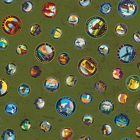 Pattern of emblems representing different national parks on a textured green background