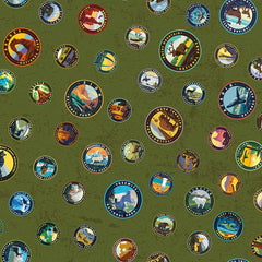 Pattern of emblems representing different national parks on a textured green background