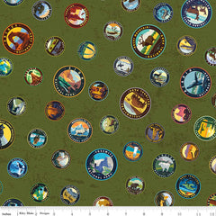 Pattern of emblems representing different national parks on a textured green background with ruler