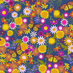 Alison Glass Wildflowers Monarchs and Flowers Denim Cotton Fabric