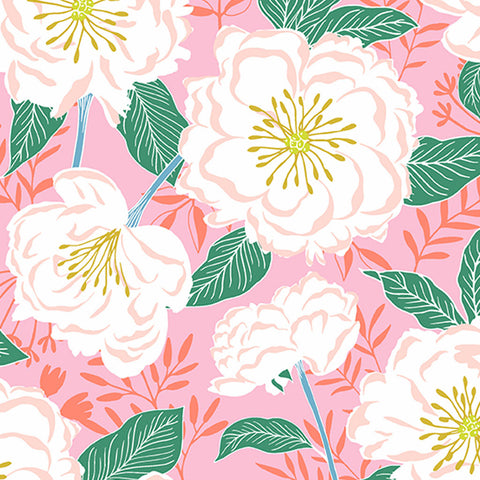 Flora Fauna Camellias Pink Cotton Fabric