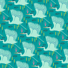 Flora Fauna Wetlands Emerald Cotton Fabric