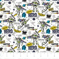 Buzz Lightyear Action White Cotton Fabric