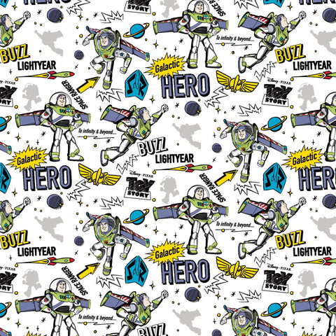 Buzz Lightyear Action White Cotton Fabric