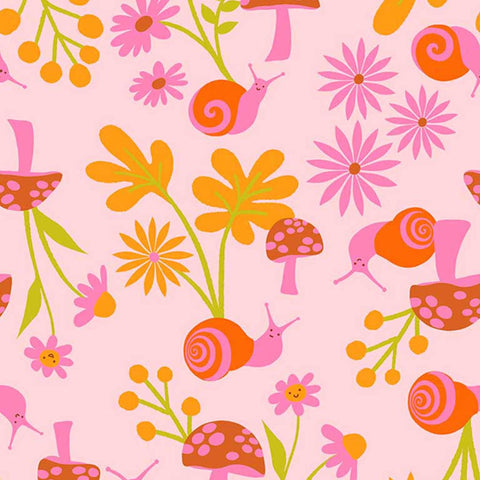 Pattern of snails in a garden on a light pink background