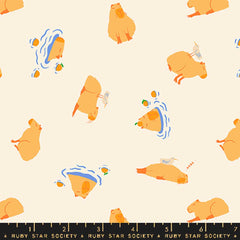 Pattern of cartoon capybaras on an off-white background with ruler