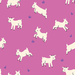 Pattern of baby goats on a purple background