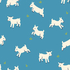 Pattern of baby goats on a blue background