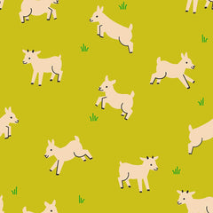 Pattern of baby goats on a green background