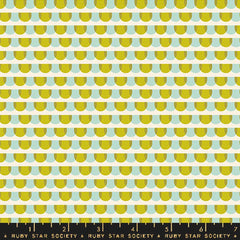 Pattern of green and blue semicircles on an off-white background with ruler