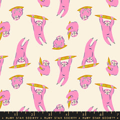 Pattern of sloths in different poses on an off-white background with ruler