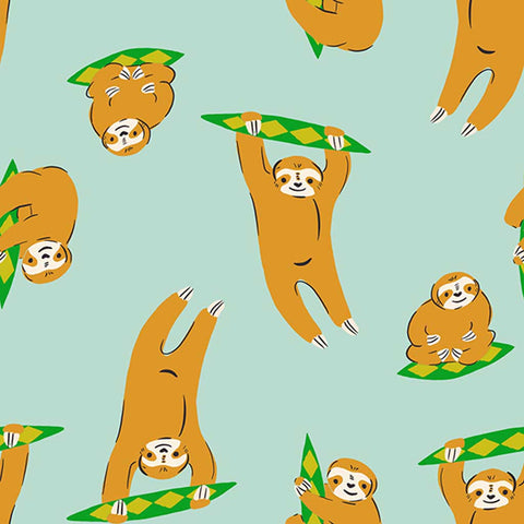 Pattern of sloths in different poses on a light green background