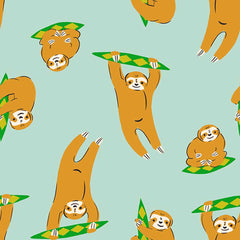 Pattern of sloths in different poses on a light green background