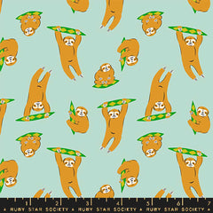 Pattern of sloths in different poses on a light green background with ruler