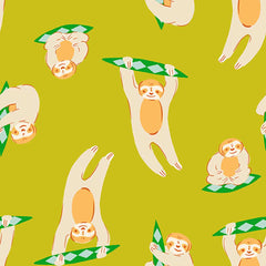 Pattern of sloths in different poses on a light green background