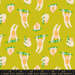 Pattern of sloths in different poses on a light green background with ruler