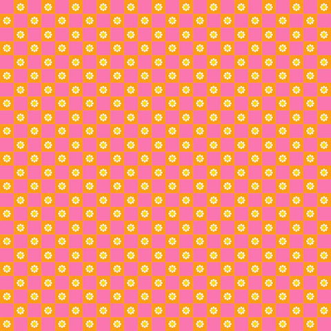 Checkered pattern with pink and orange squares with small flowers