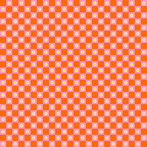 Checkered pattern with orange and pink squares with small flowers