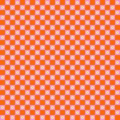 Checkered pattern with orange and pink squares with small flowers