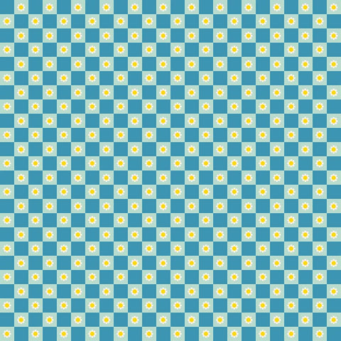 Checkered pattern with blue and light blue squares with small flowers