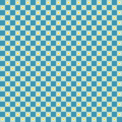 Checkered pattern with blue and light blue squares with small flowers