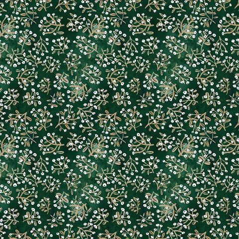 Floral pattern with small white flowers and green leaves on a dark green background