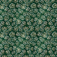 Floral pattern with small white flowers and green leaves on a dark green background