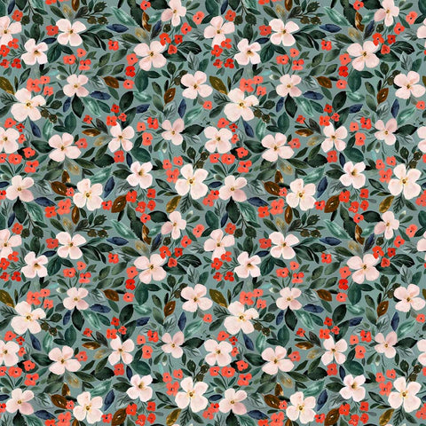 Pattern of small flowers and leaves on a green background
