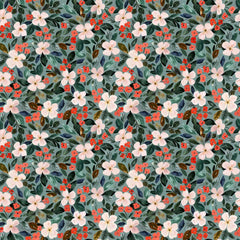 Pattern of small flowers and leaves on a green background