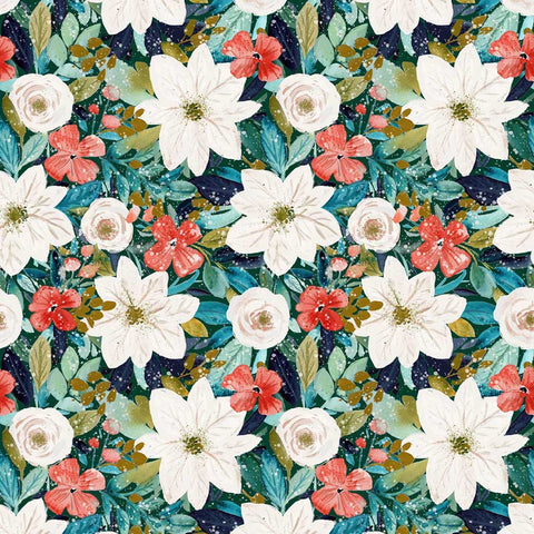 Pattern of white and red flowers on a green background