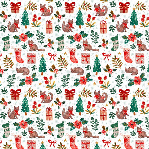 Christmas-themed pattern with cats, trees, presents, and flowers on a white background