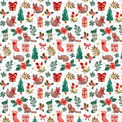 Christmas-themed pattern with cats, trees, presents, and flowers on a white background