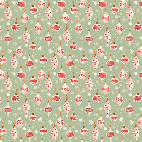 Pattern of Christmas ornaments and snowflakes on a light green background
