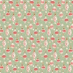 Pattern of Christmas ornaments and snowflakes on a light green background