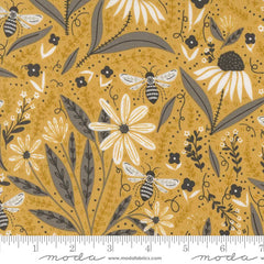 Pattern of bees and flowers on a yellow background with ruler