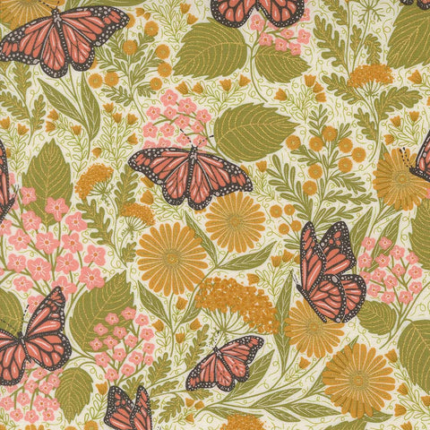 Pattern of butterflies and flowers on a beige background