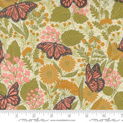 Pattern of butterflies and flowers on a beige background with ruler
