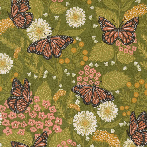 Pattern of butterflies and flowers on a green background