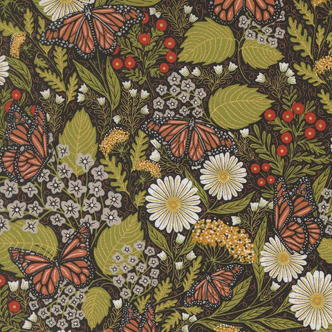 Pattern of butterflies and flowers on a dark background