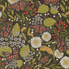 Pattern of butterflies and flowers on a dark background