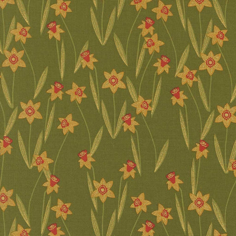 Pattern of yellow flowers with red centers on a green background