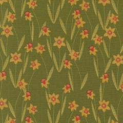 Pattern of yellow flowers with red centers on a green background