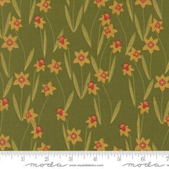 Pattern of yellow flowers with red centers on a green background with ruler