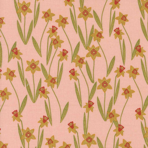 Pattern of yellow flowers with red centers on a pink background
