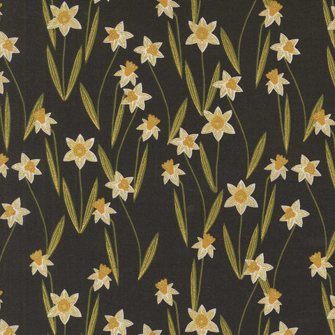 Pattern of white flowers with yellow centers on a black background