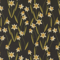 Pattern of white flowers with yellow centers on a black background