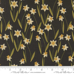 Pattern of white flowers with yellow centers on a black background with ruler